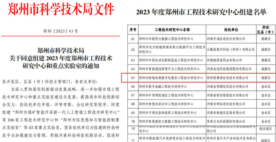 易賽諾獲批組建2023年度鄭州市跨境電商數(shù)字化服務(wù)工程技術(shù)研究中心